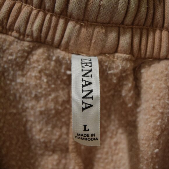 Zenana Sweat Shorts Tan Fleece Lounge Drawstring High Waist Pockets – Size L - Picture 3 of 7